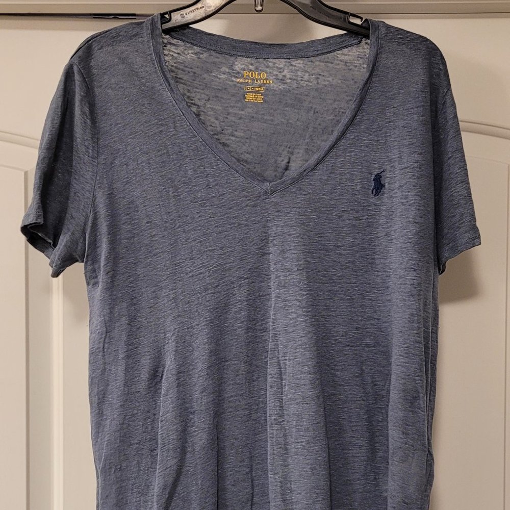 WOMEN'S POLO RALPH LAUREN V NECK T SHIRT BURNOUT BLUE LARGE